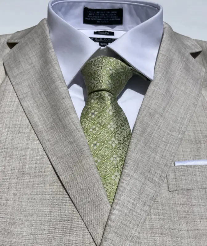 A light gray suit with a green tie