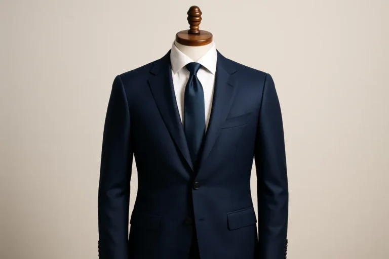 Navy blue suit styled for men's business attire Phoenix professionals wear to corporate meetings and office settings at Van Allan's Mens Fashion.