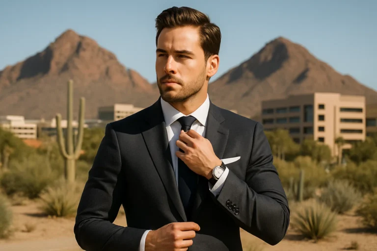 suit accessories Phoenix man in charcoal suit adjusting tie in desert setting at Van Allan's Mens Fashion