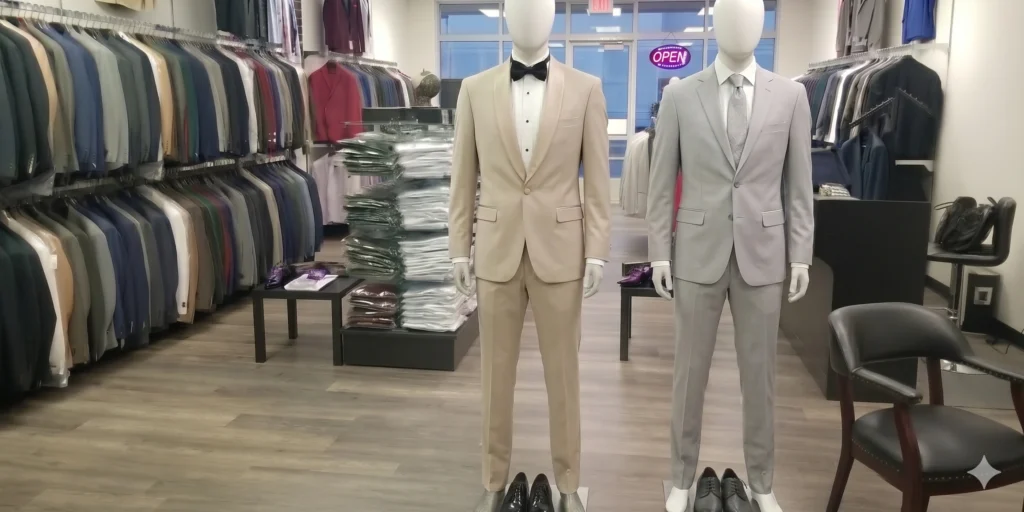 Mannequins Wearing A Beige Suit And A Light Grey Suit Inside The Van Allan&Amp;Apos;S Mens Fashion Showroom In Phoenix.