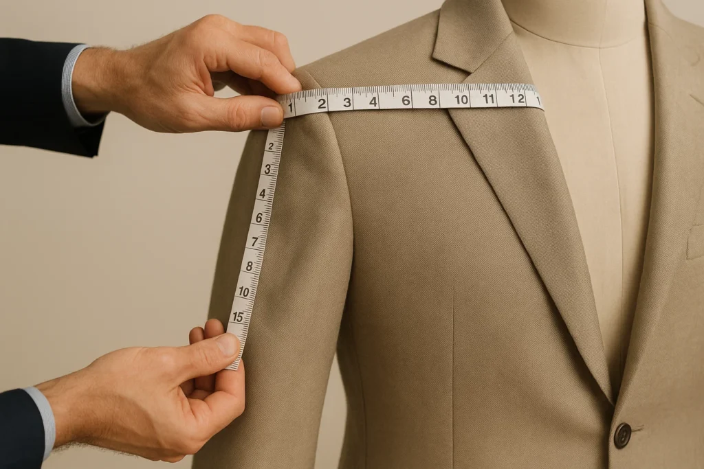 Tailor measuring shoulder width of beige suit jacket on mannequin at Van Allan’s Men’s Fashion Phoenix