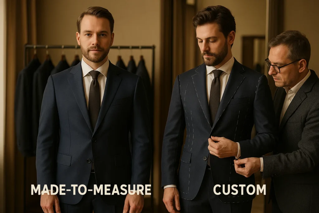 Tailor adjusting custom navy suit jacket for gentleman at Van Allan’s Men’s Fashion Phoenix