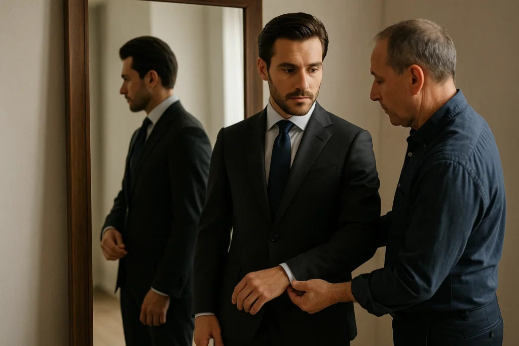 Tailor measuring a man’s suit sleeve for a perfect fit at Van Allan’s Men’s Fashion in Phoenix.
