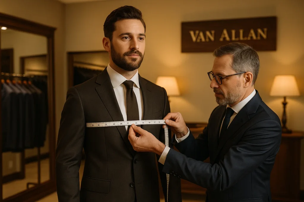 Tailor taking chest measurements for a client at Van Allan’s Men’s Fashion Phoenix showroom