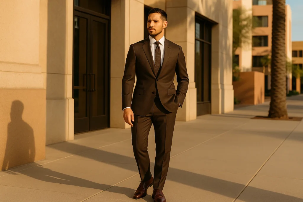 Man walking confidently in brown suit outdoors – Van Allan’s Men’s Fashion Phoenix AZ