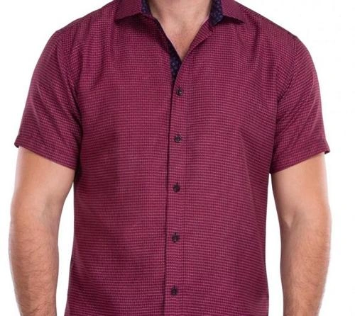 Man wearing burgundy short-sleeve shirt – Van Allan’s Men’s Fashion Phoenix