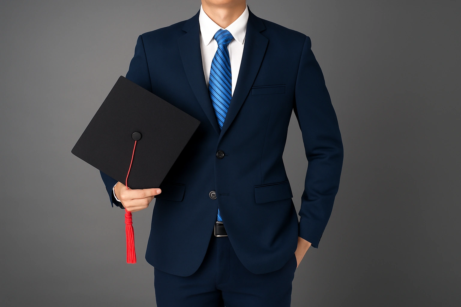 Man in navy suit holding graduation cap – Van Allan’s Men’s Fashion Phoenix