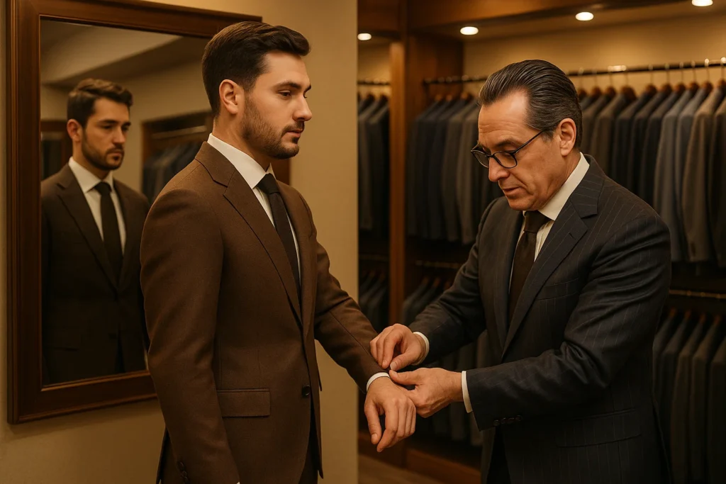 Tailored grey men's suit flatlay with black shoes and belt from Van Allan’s Men’s Fashion in Phoenix AZ