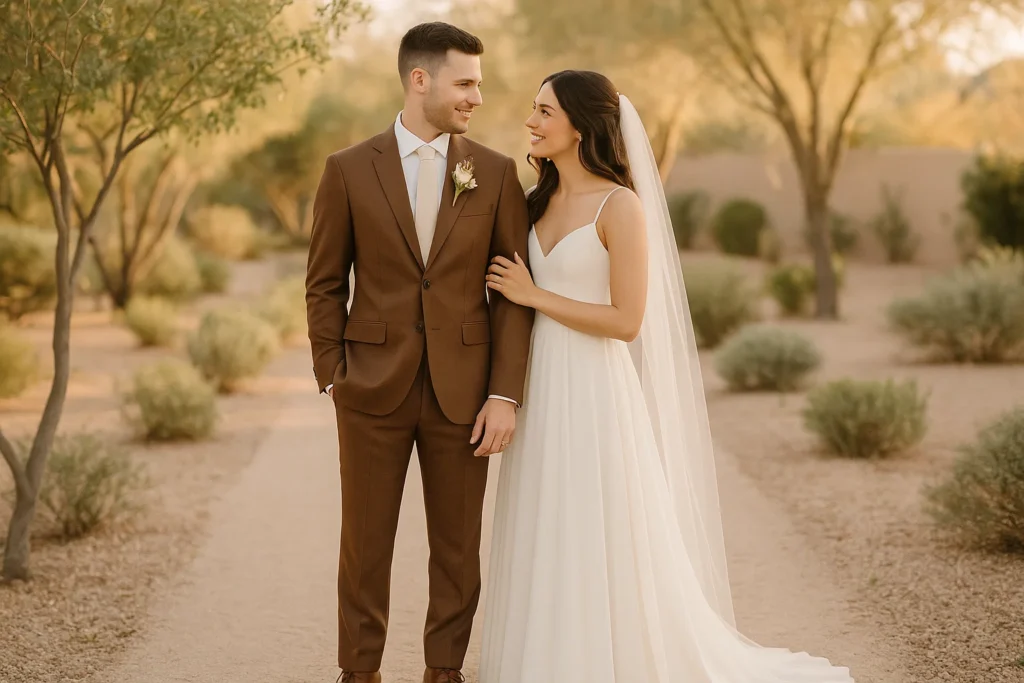 Man wearing tailored tan suit walking outdoors in Phoenix – Van Allan’s Men’s Fashion