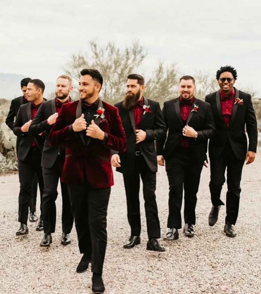 Wedding Party Wearing Burgundy Colored Groomsmen Suits At Outdoor Arizona Desert Ceremony