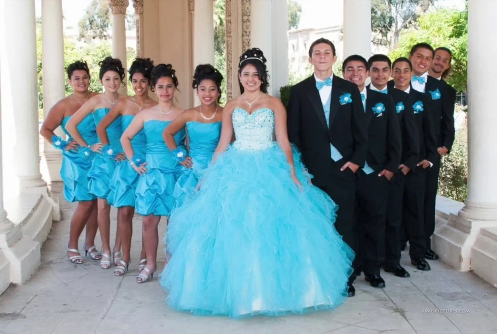 Quinceañera Court In Turquoise Dresses With Chambelanes In Black Tuxedos At Phoenix Celebration From Van Allan&Amp;Apos;S Mens Fashion