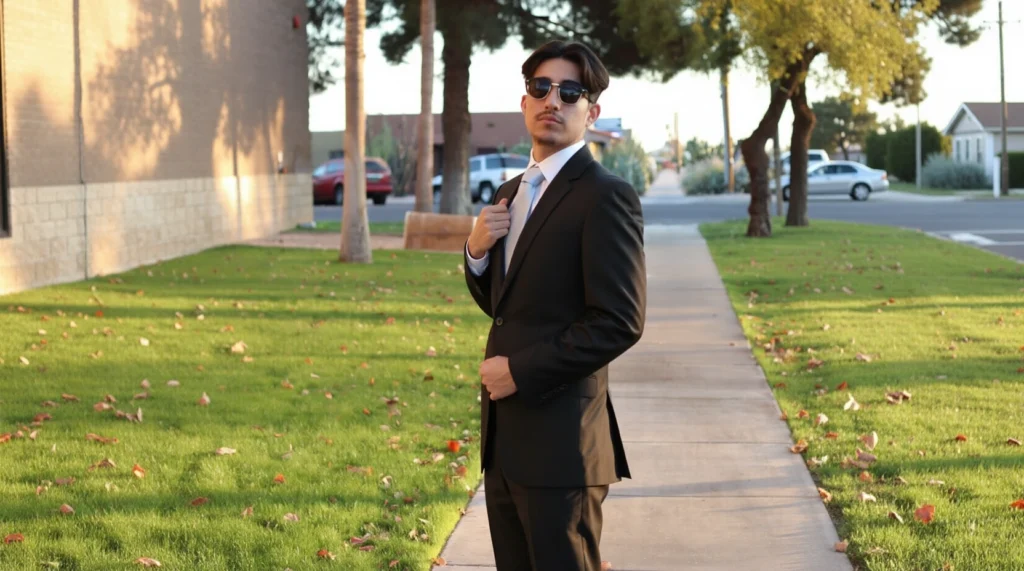 Man Adjusting The Jacket Of A Tailored Black Suit On A Phoenix Street With Desert Cacti In The Background.
