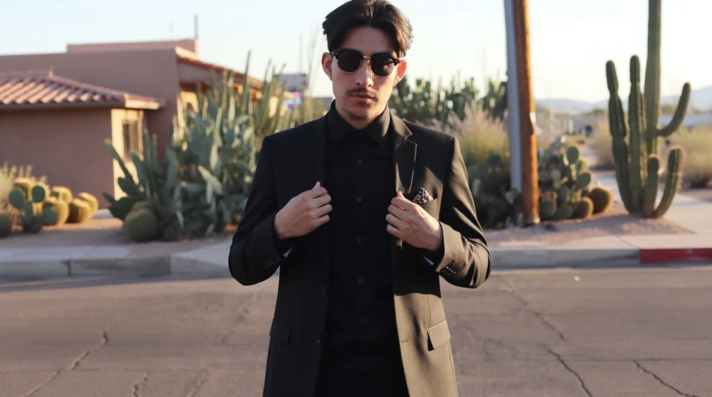 Man Wearing A Black Suit And Light Blue Tie Standing On A Sidewalk In Phoenix.