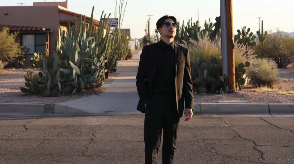 Man Wearing A Lightweight Black Suit Walking Down A Phoenix Street With Desert Cacti In The Background.