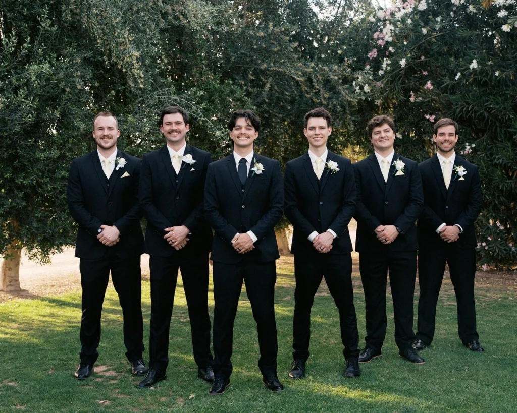 Black Suit Phoenix Wedding Party Groom And Groomsmen Wearing Black Suits At An Outdoor Phoenix Wedding
