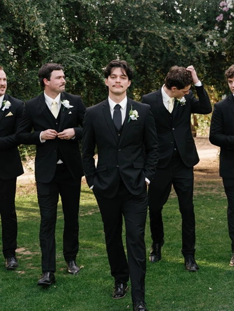 Groomsmen Wearing Tailored Black Suits With Cream Ties And White Boutonnieres For Outdoor Phoenix Wedding At Van Allan&Amp;Apos;S Mens Fashion