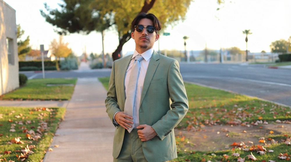 Sage Green Suit Phoenix White Shirt Silver Tie Man Wearing A Sage Green Suit In Phoenix With A White Dress Shirt And Silver Tie, Standing On A Sunlit Sidewalk