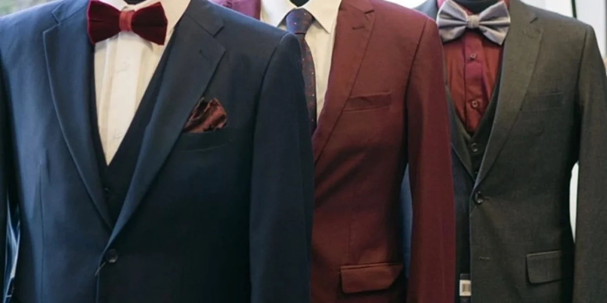 wedding suits Phoenix navy burgundy and charcoal groomsmen suits on display at Van Allan's Mens Fashion